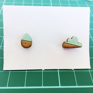 Wood cloud and rain drop ear studs